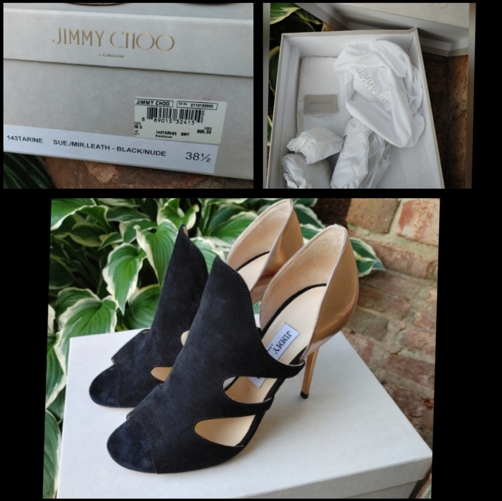 Jimmy Choo Tarine WITH BOX Suede Cutout Bootie Sandal, Black/Mirrored Nude 38.5 - Picture 5 of 16